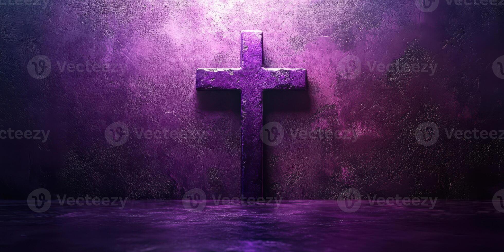Vibrant purple cross illuminated against textured background in a serene atmosphere photo