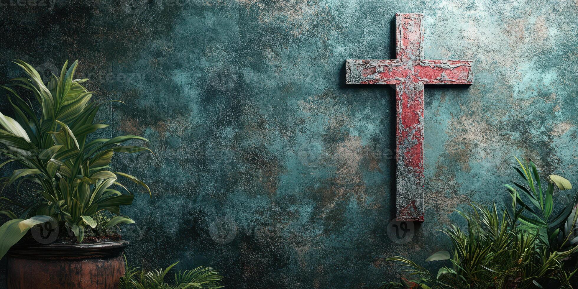 Unique wall with a rustic red cross and lush green plants creating a serene atmosphere in a cozy indoor space photo
