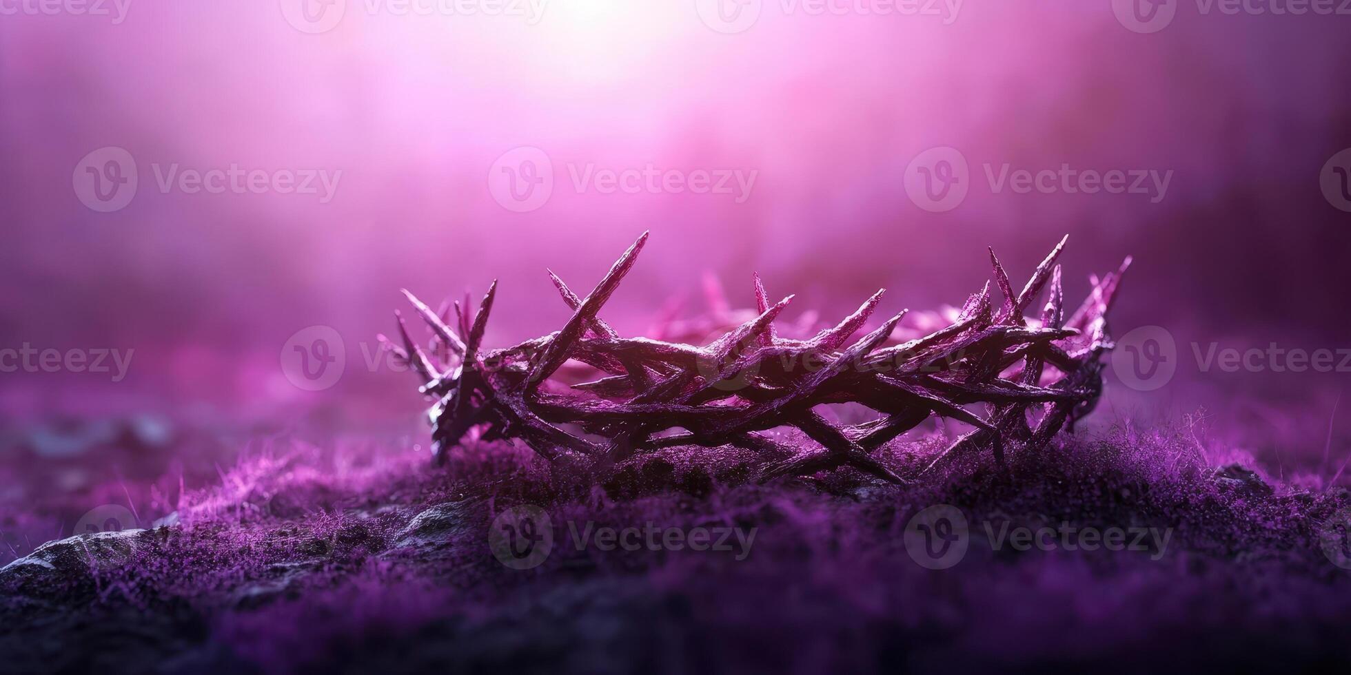 Crown of thorns resting on a purple-lit ground surrounded by soft grass and misty atmosphere photo