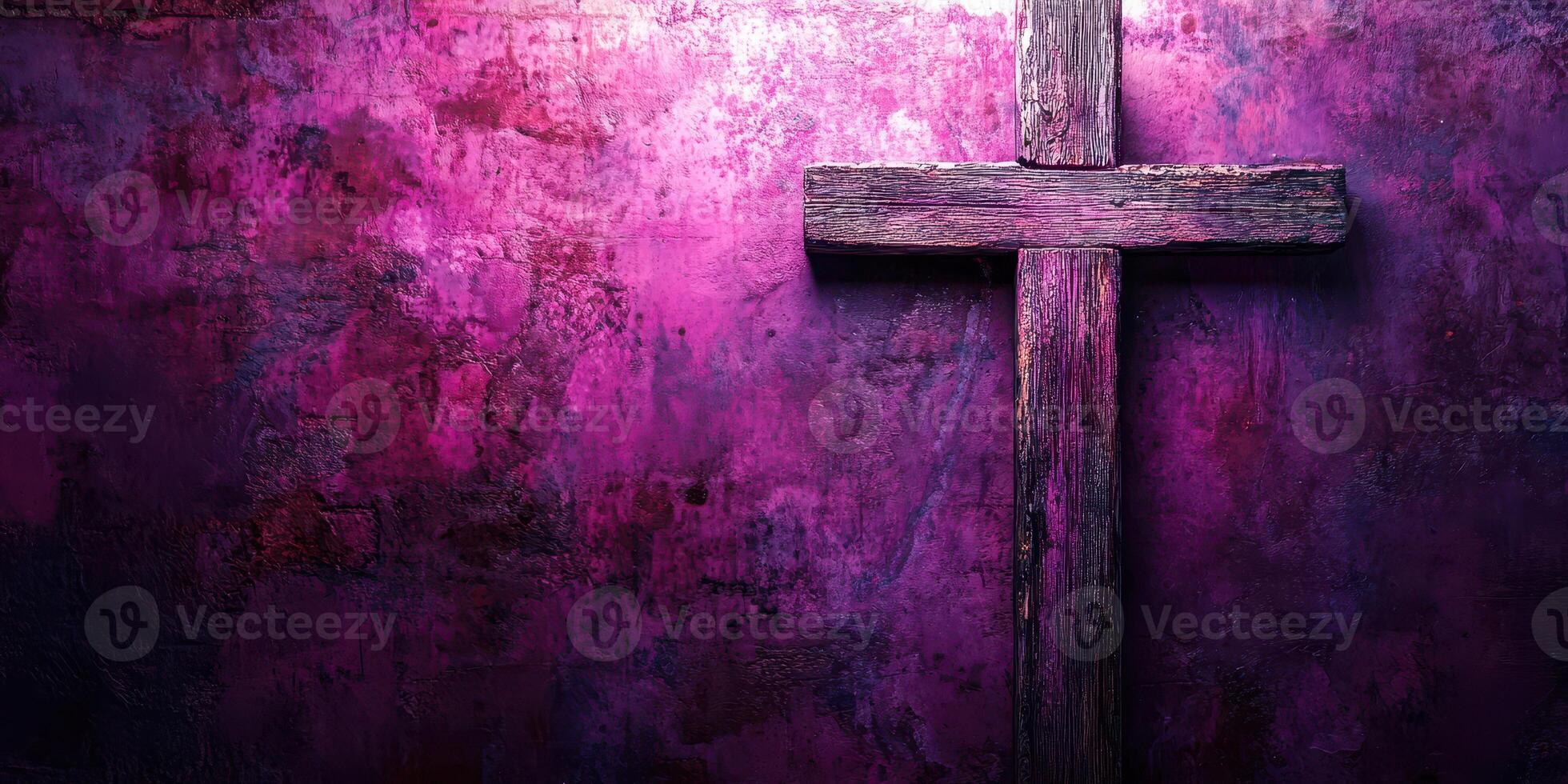 Wooden cross against a vibrant purple wall creating a striking contrast and a sense of spirituality photo