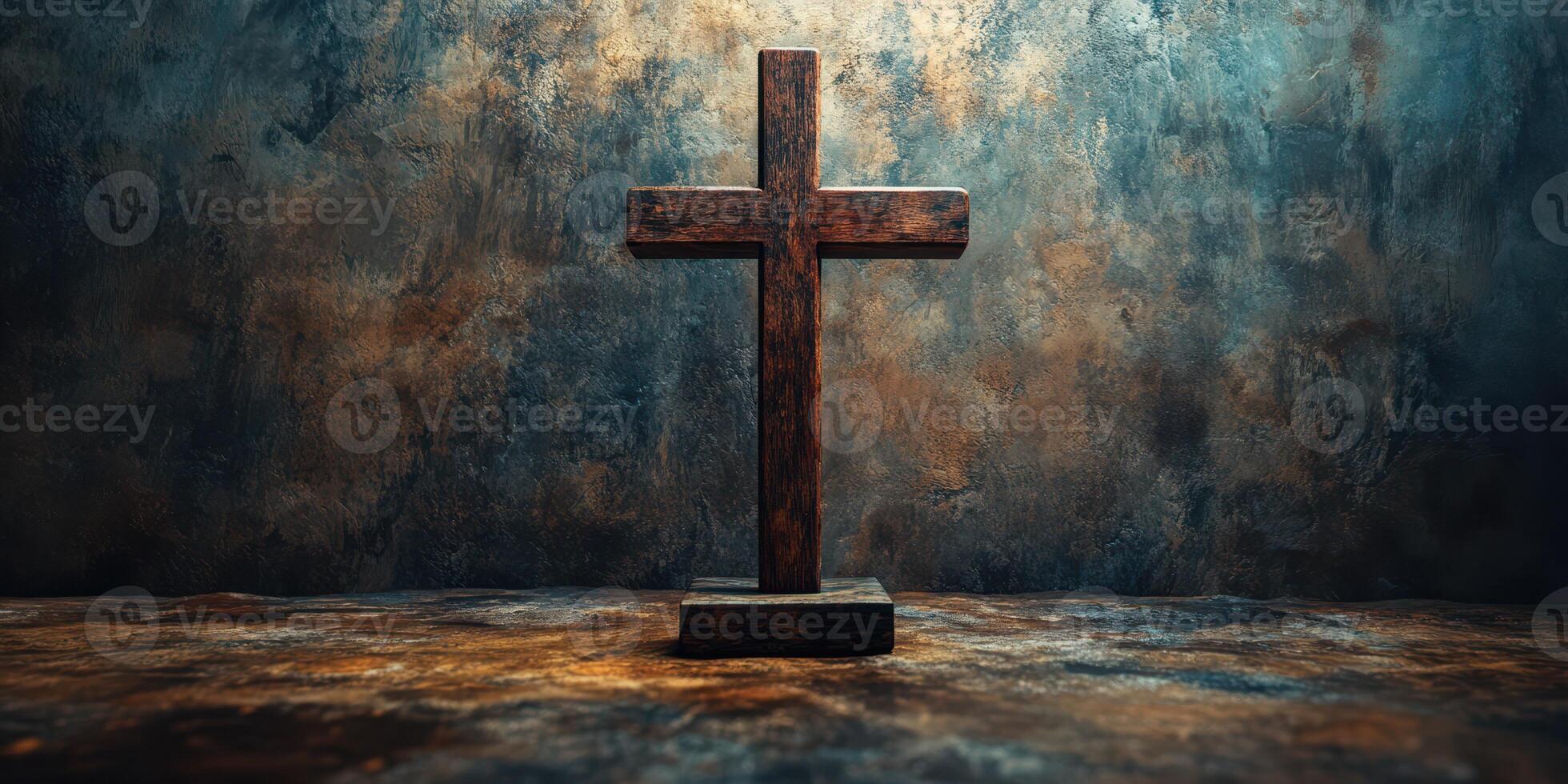 Wooden cross standing in a textured environment with dramatic lighting highlighting its features photo