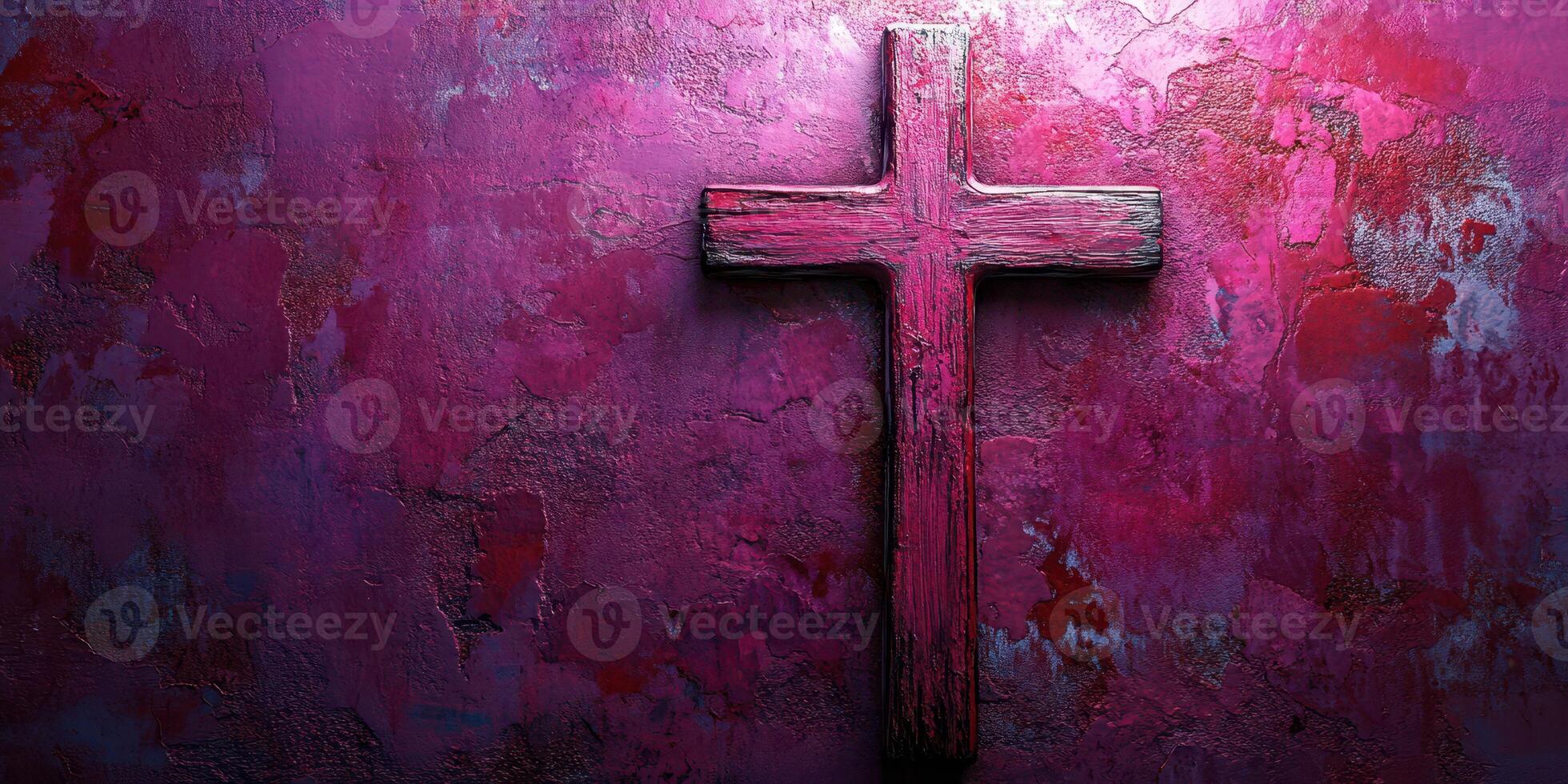 Wooden cross illuminated against vibrant textured wall showcasing rich colors photo