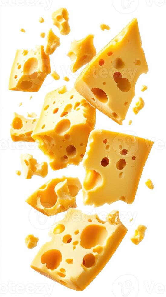 Slices of yellow cheese falling in mid-air, showcasing various shapes and sizes with holes for texture photo