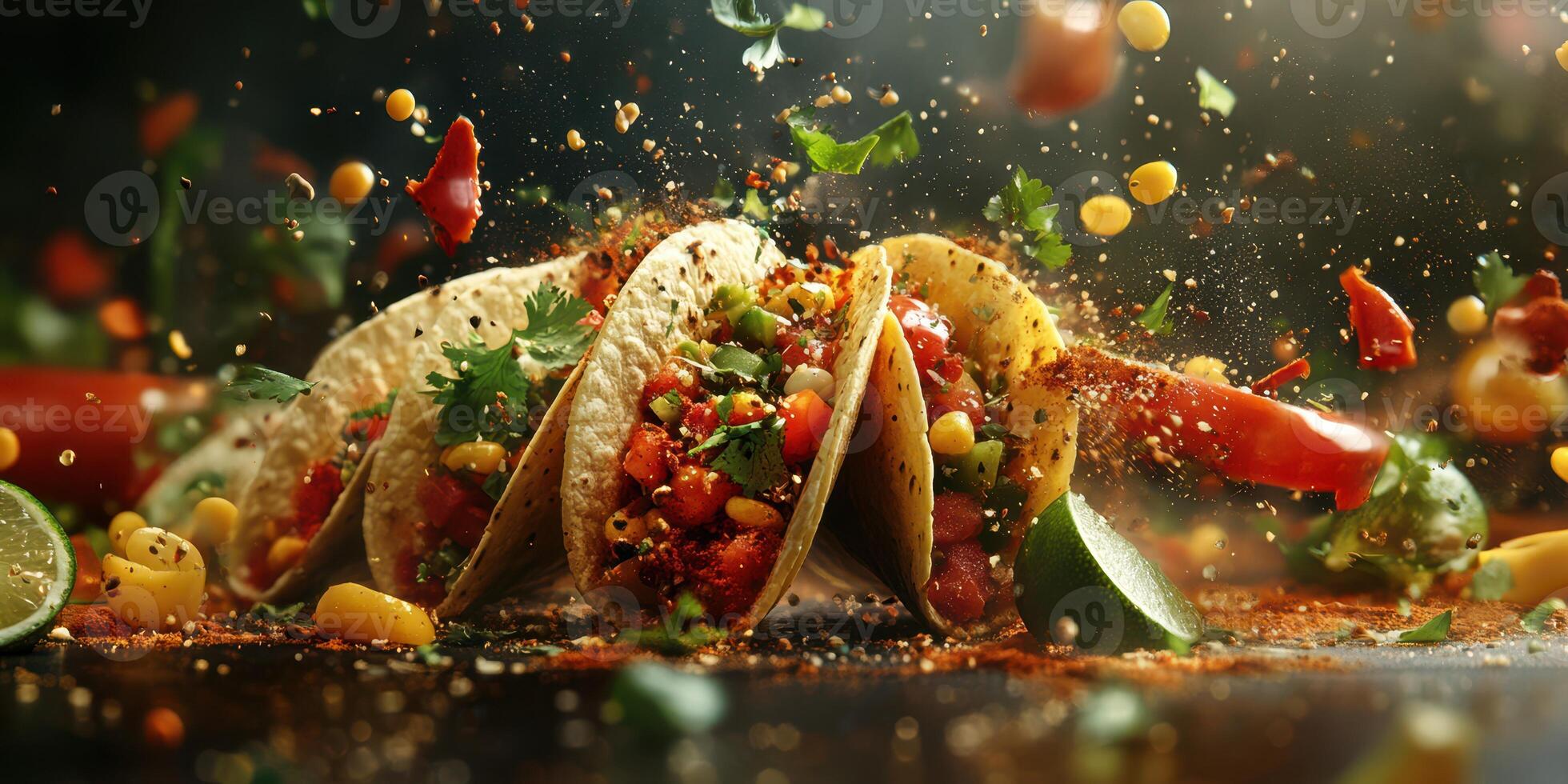 Colorful tacos exploding with fresh ingredients and spices on a dark background showcasing vibrant culinary art photo