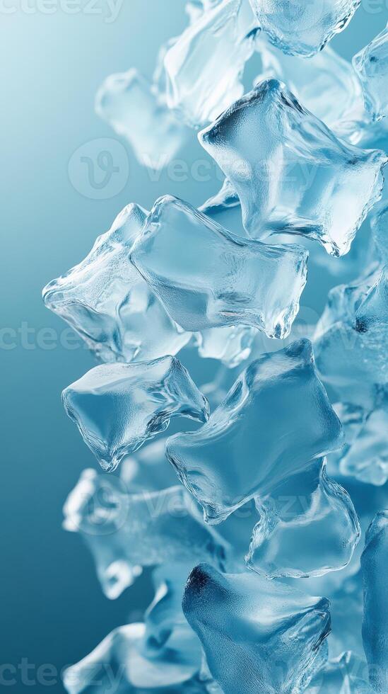 Floating ice cubes create an abstract composition against a blue backdrop photo