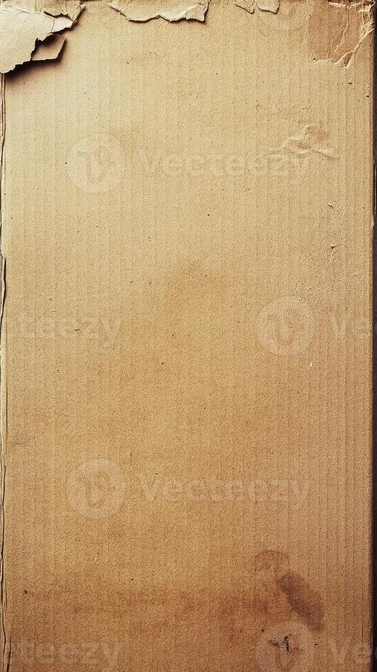 Brown cardboard box with rough edges and a worn appearance in a minimalist setting photo