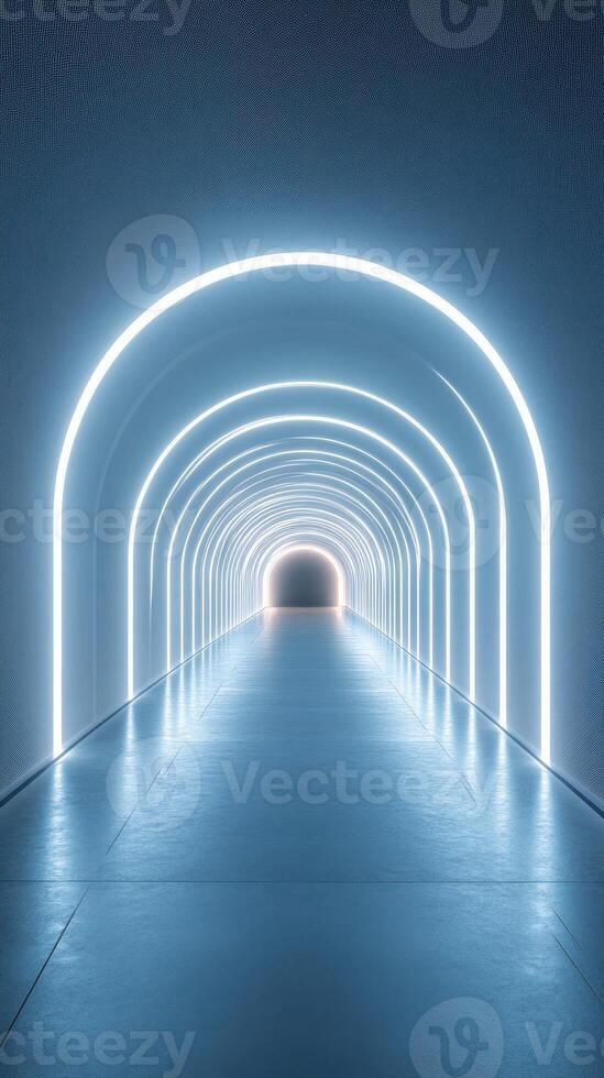 Illuminated tunnel with arching lights creates a modern architectural space for exploration and creativity photo
