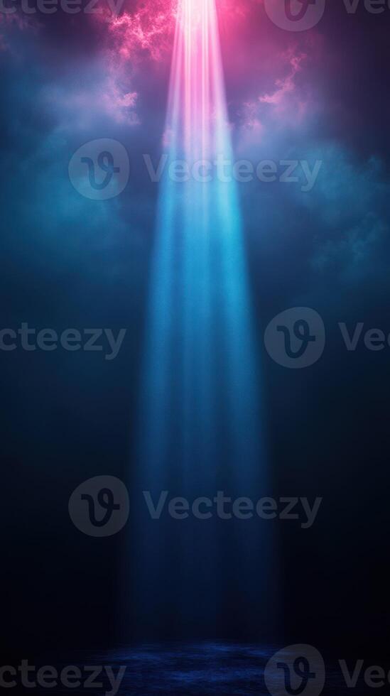 Bright beams of light emerge from dark clouds in a serene night sky illuminating the tranquil atmosphere photo
