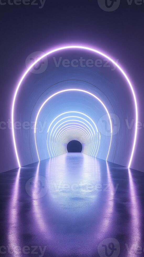 Illuminated tunnel with vibrant blue and purple lighting creating a futuristic ambiance in a modern space photo
