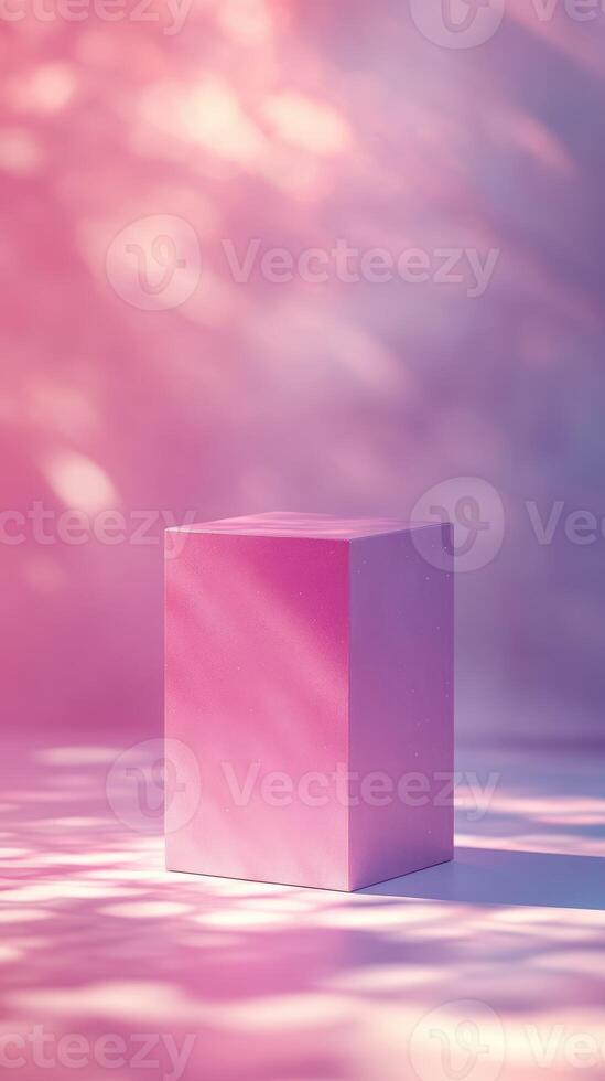 Bright pink cube illuminated by soft light in a pastel backdrop creating a serene atmosphere photo