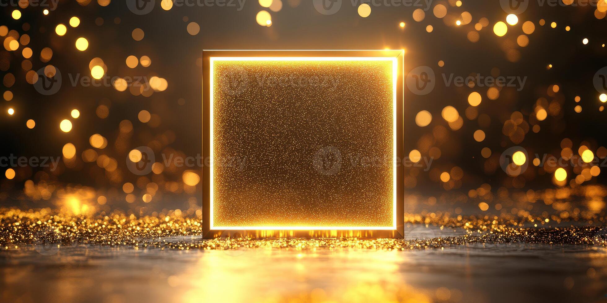 Bright illuminated square frame surrounded by shimmering golden bokeh lights in a dark setting photo