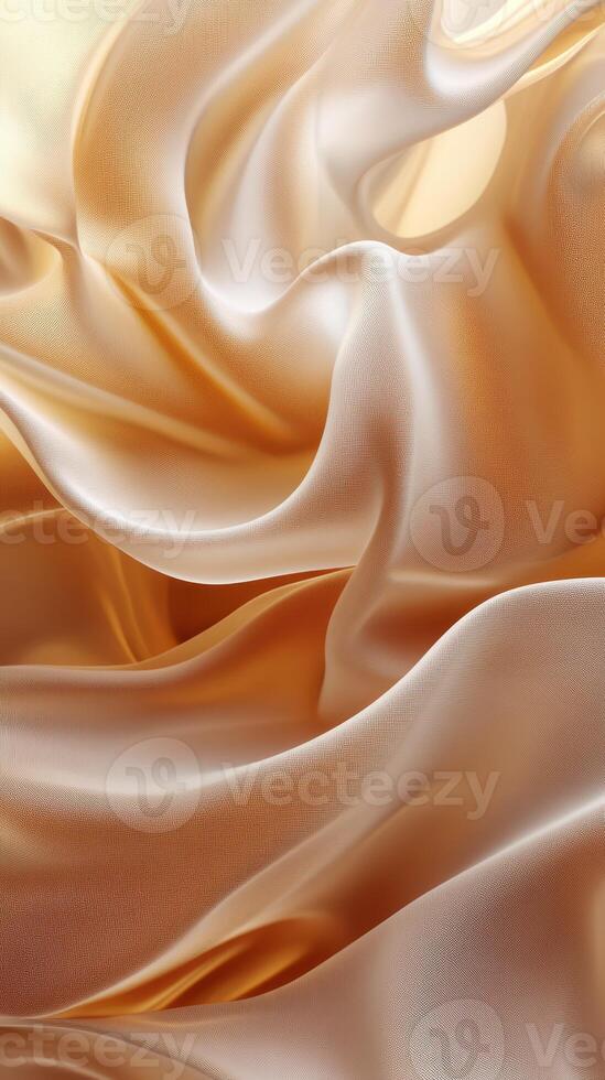 Soft golden satin fabric gracefully draped and flowing in an elegant pattern under natural light photo