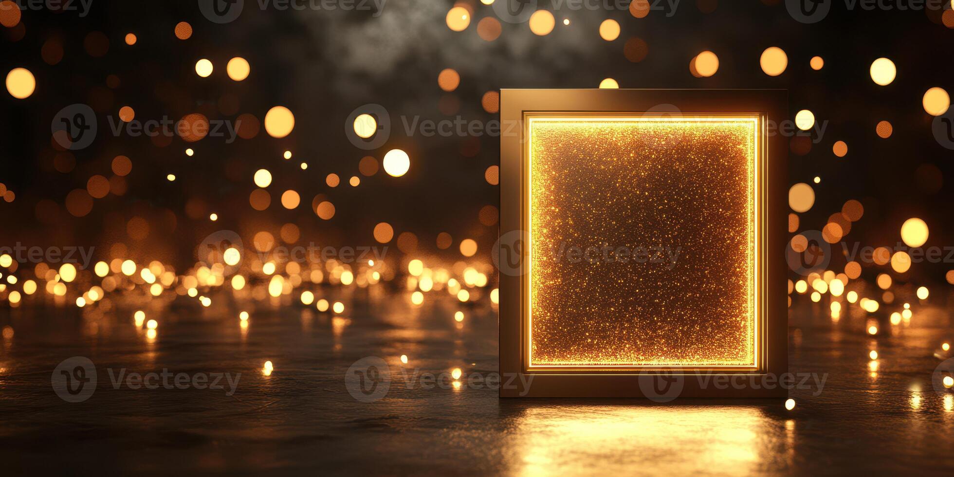 Elegant illuminated frame with golden sparkles in a dark setting during a festive event photo