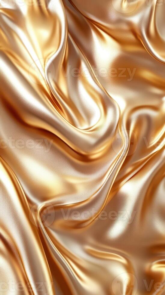 Golden satin fabric draped with elegant folds and smooth texture for luxurious design applications photo