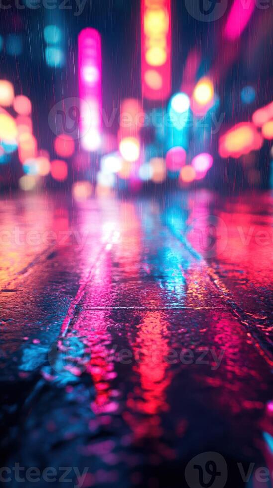 Nighttime city streets illuminated by colorful reflections in the rain during a vibrant urban atmosphere photo