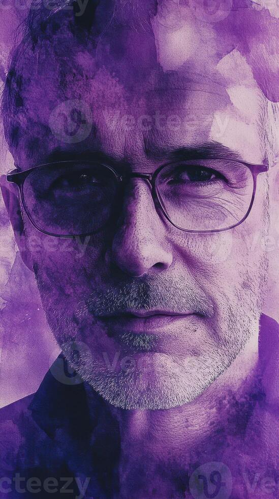 Portrait of a man with glasses set against an artistic purple background conveying depth and emotion photo