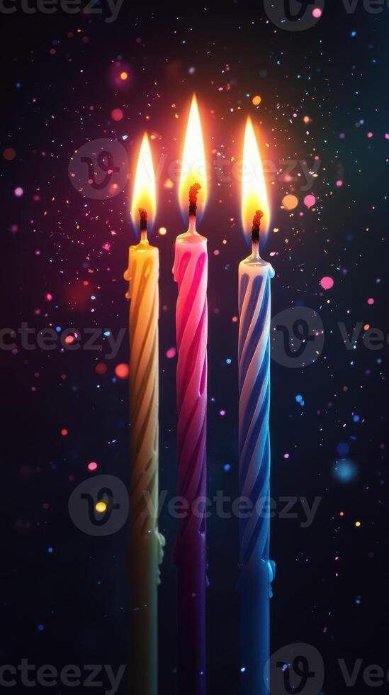 Colorful birthday candles illuminate a dark background with sparkling lights during a festive celebration photo