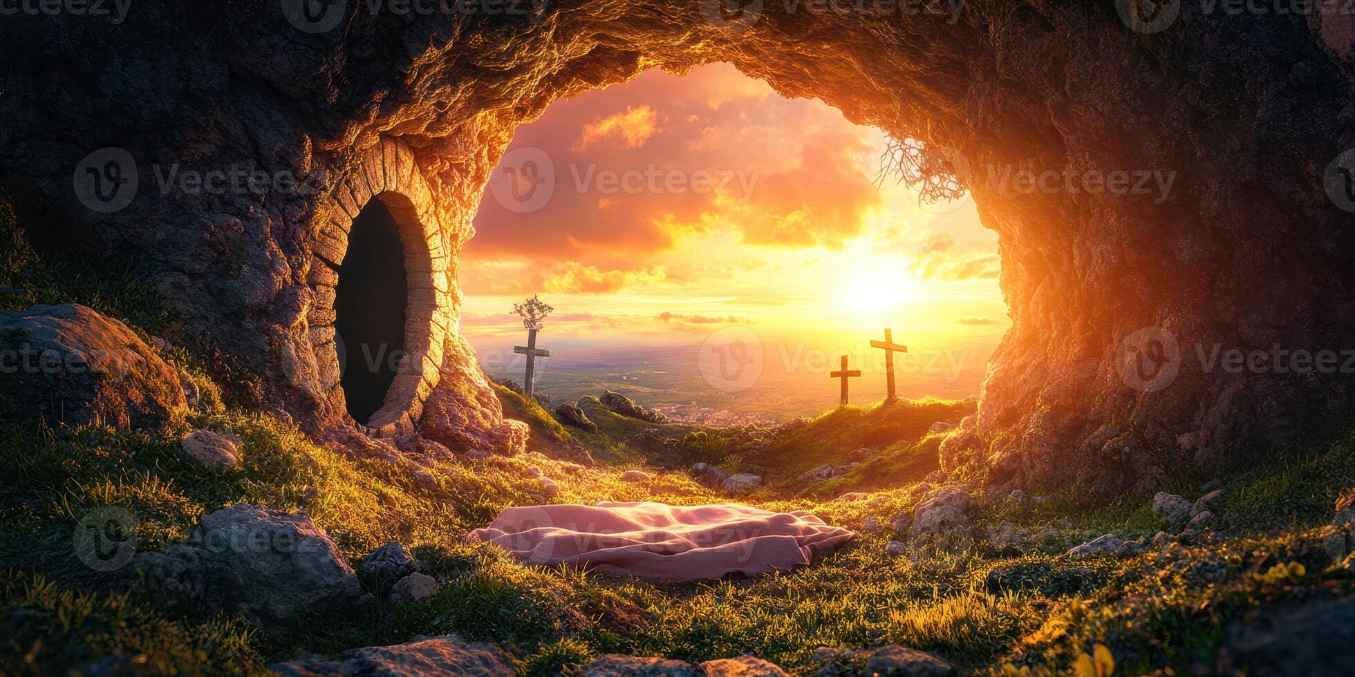 Sunset illuminates a cave with crosses and a blanket, symbolizing peace and reflection in a serene landscape photo
