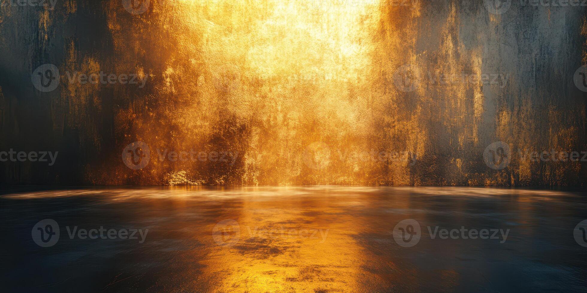 Golden waterfall cascading into still water under a dark cave in a mystical setting photo