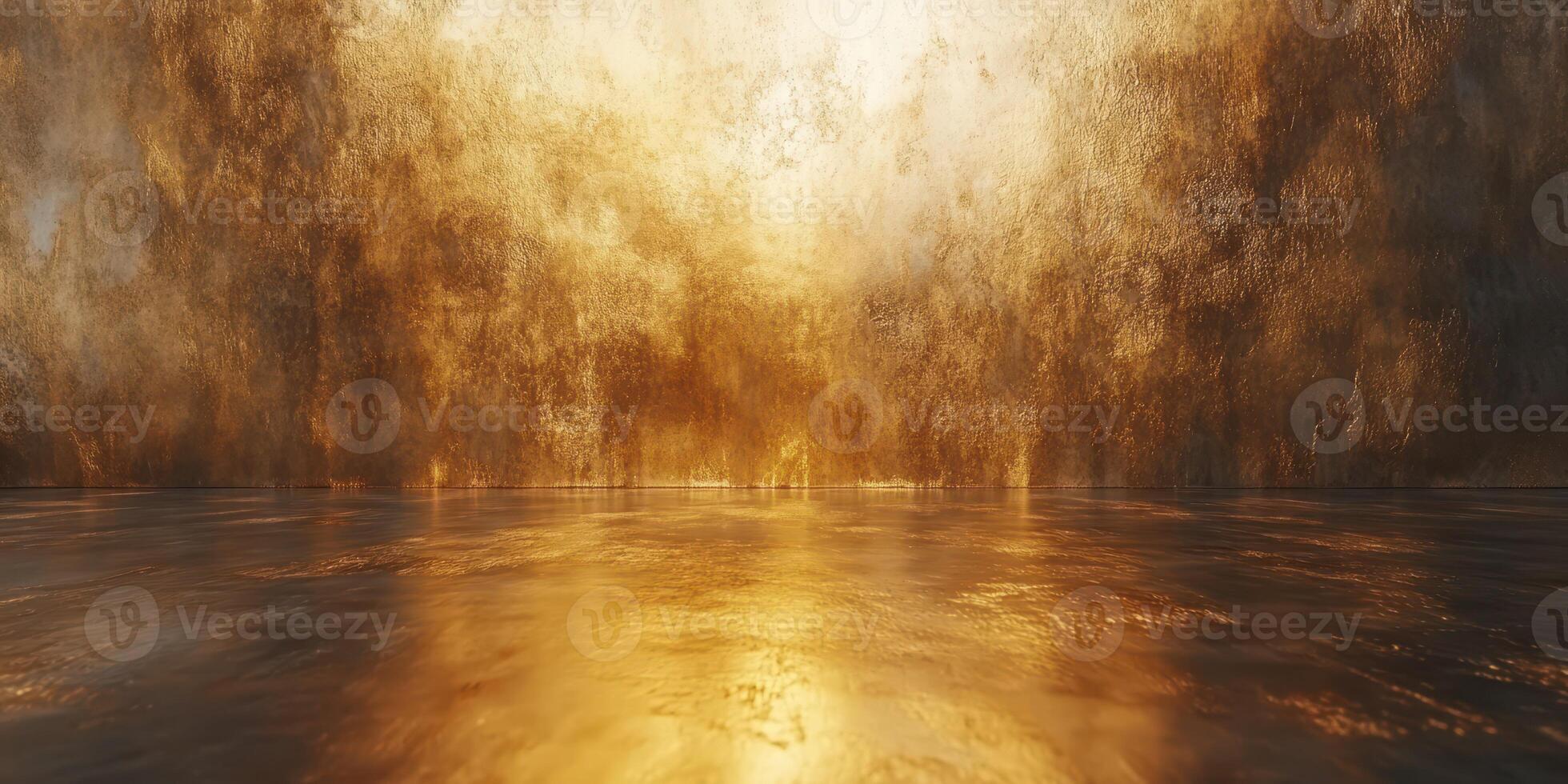 Golden mist rises from the calm lake at sunset creating a serene and mystical atmosphere photo