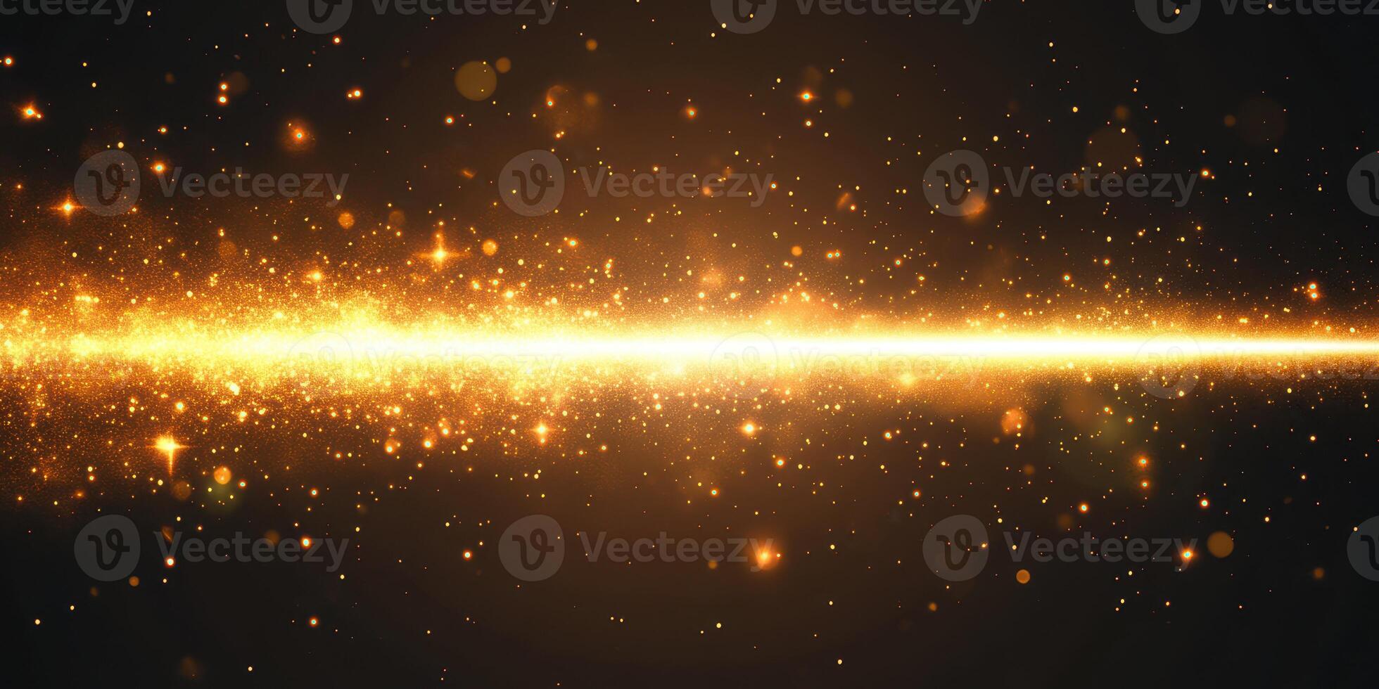 Striking visual of golden light beam with sparkling particles on a dark background photo