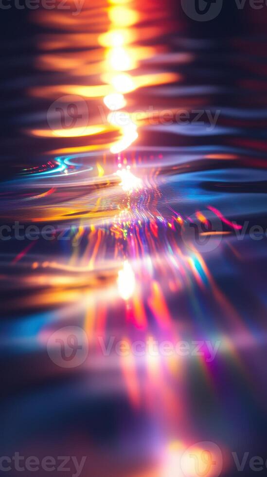 Colorful reflections dance on serene water surface during sunset in a tranquil outdoor setting photo