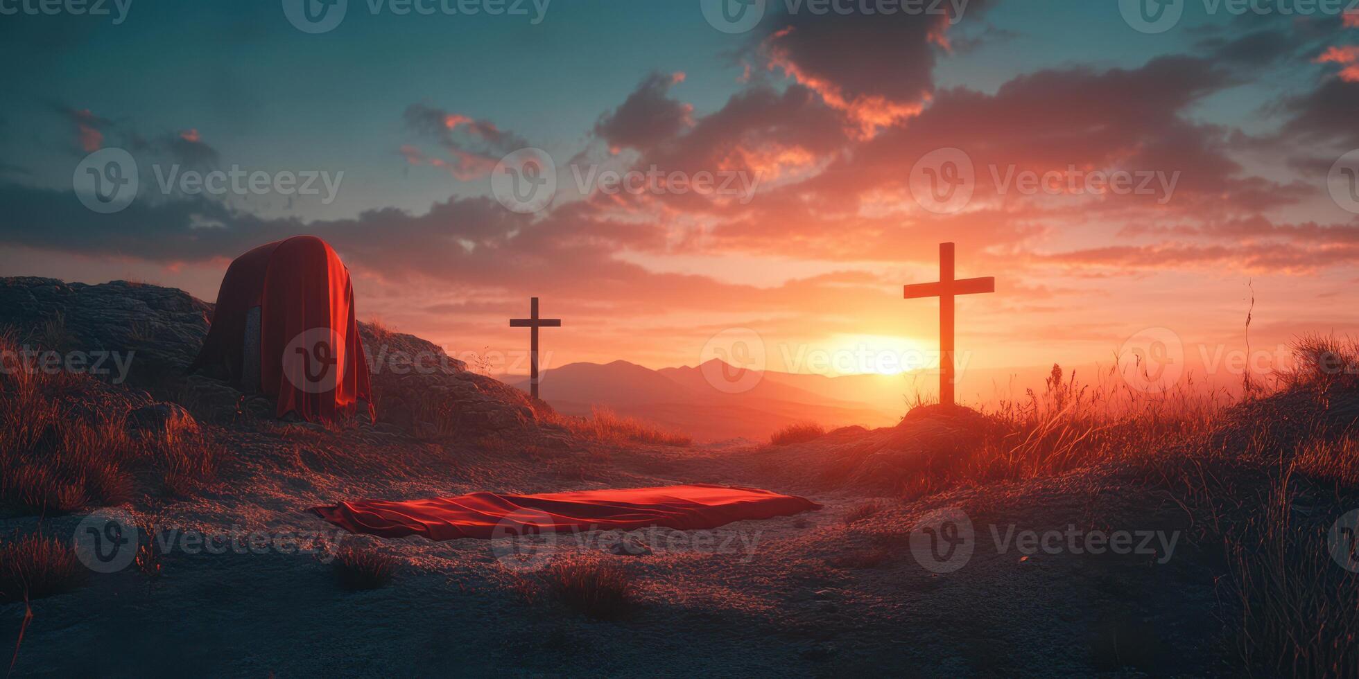 Sunset over a serene landscape with crosses and a fabric draped on the ground, evoking a sense of peace and reflection photo
