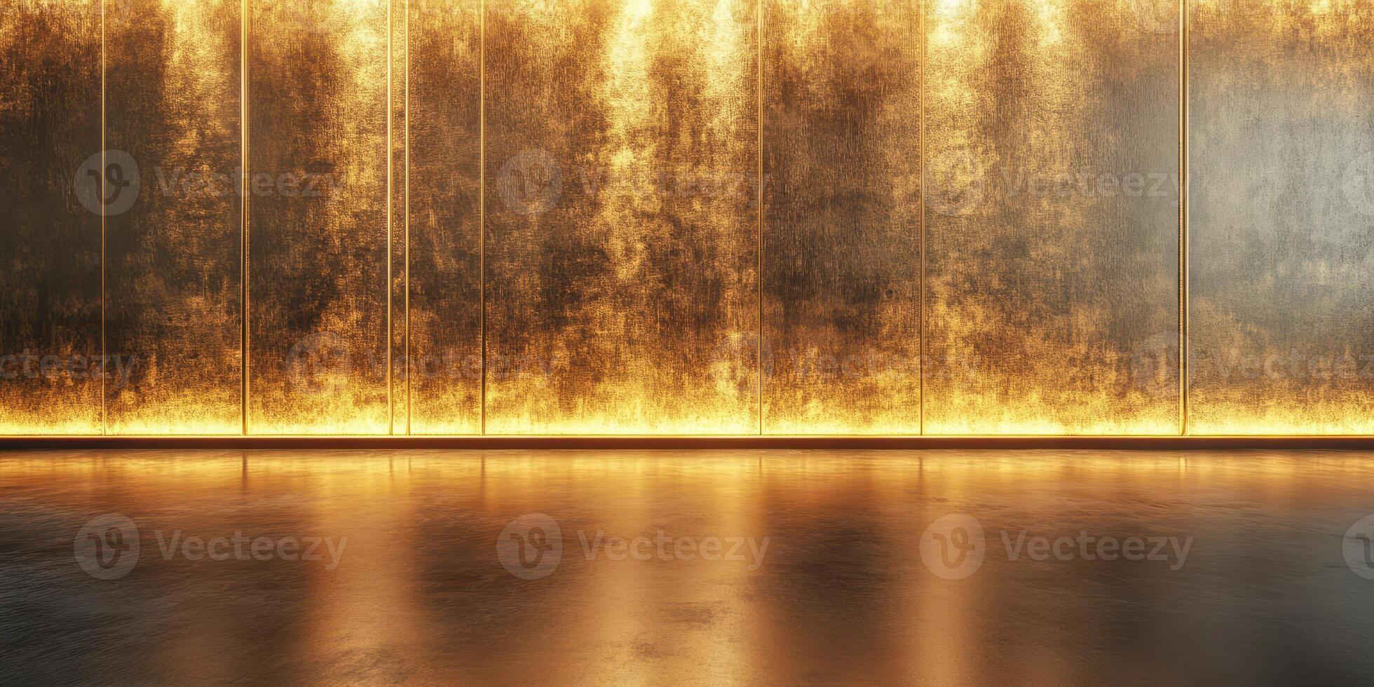 Bright golden wall with reflective floor creates a stunning modern interior space photo