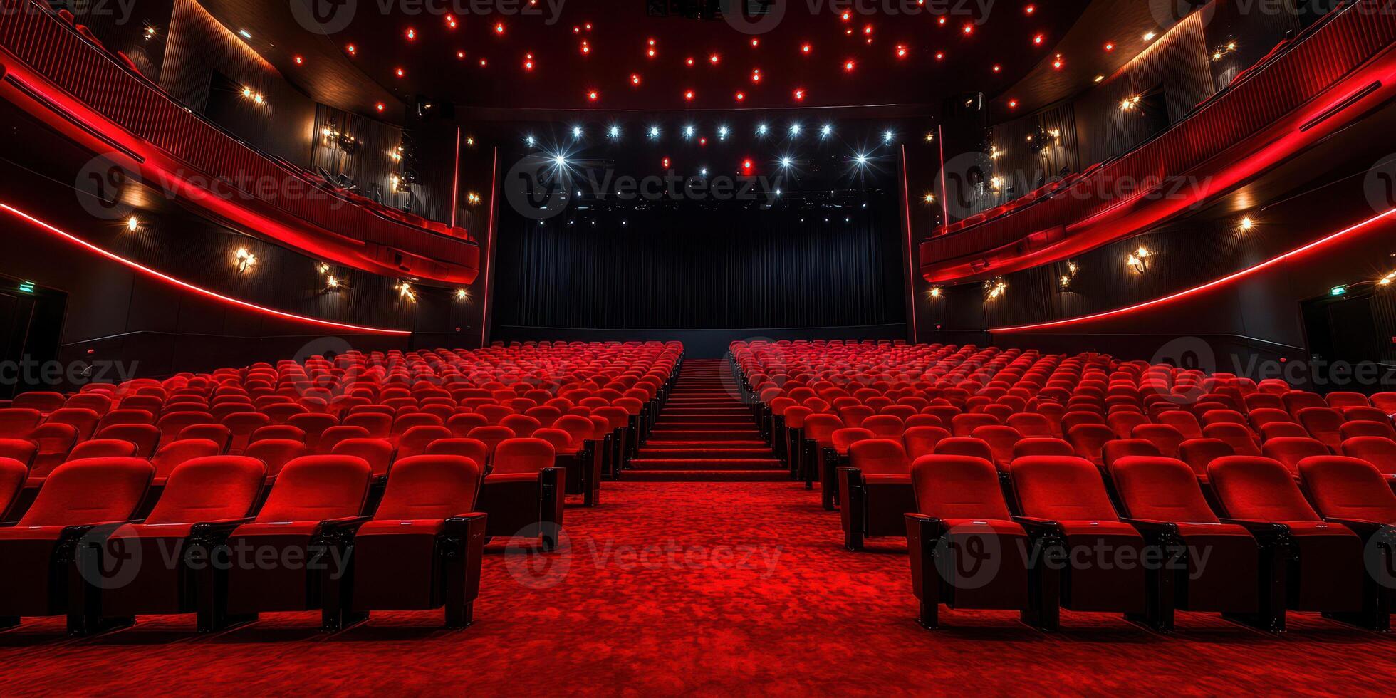 Luxurious red theater interior showcasing plush seating and dramatic lighting before an upcoming performance photo