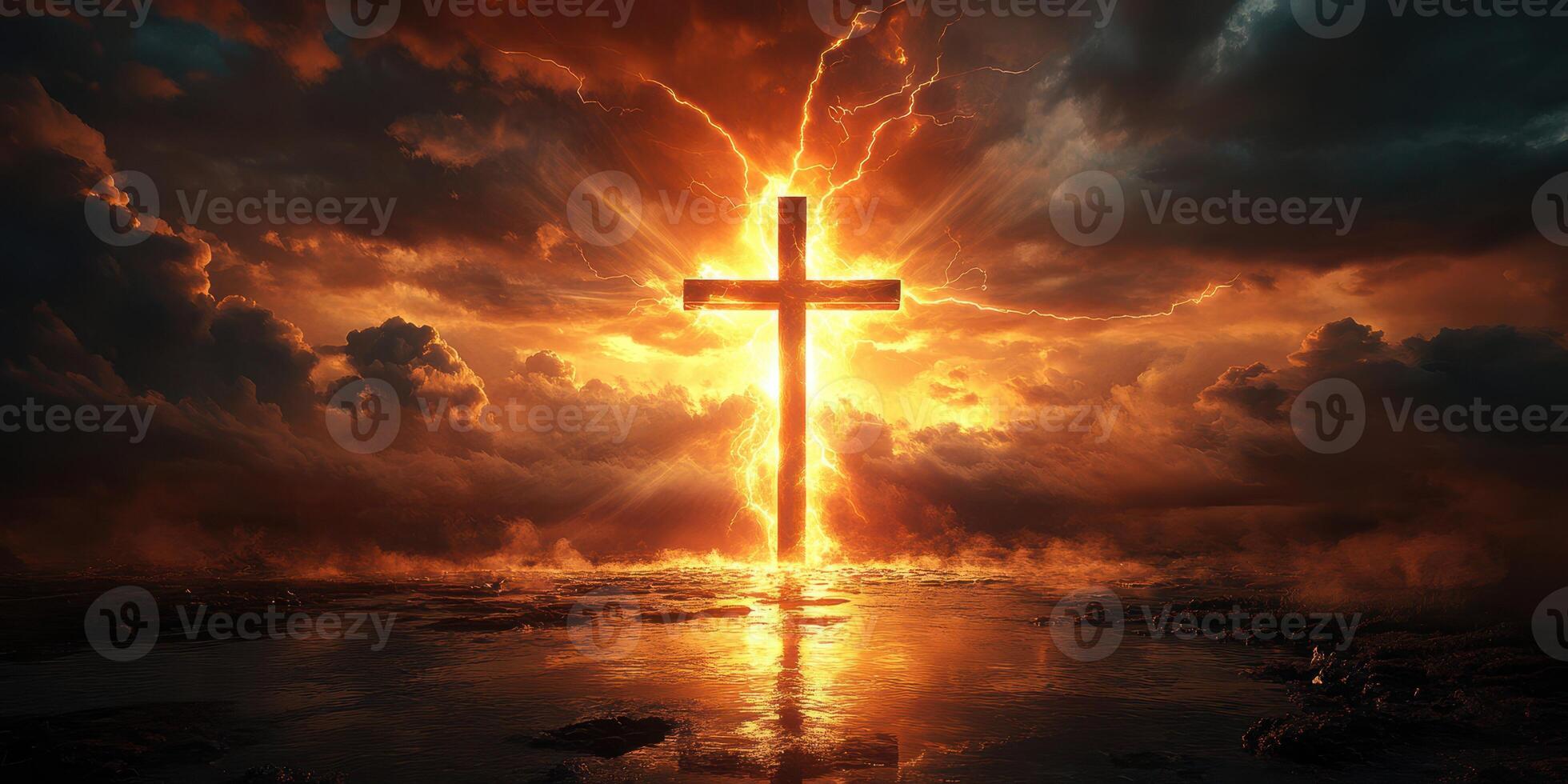 Powerful sunset lighting up a cross silhouette in a dramatic sky full of clouds and light photo