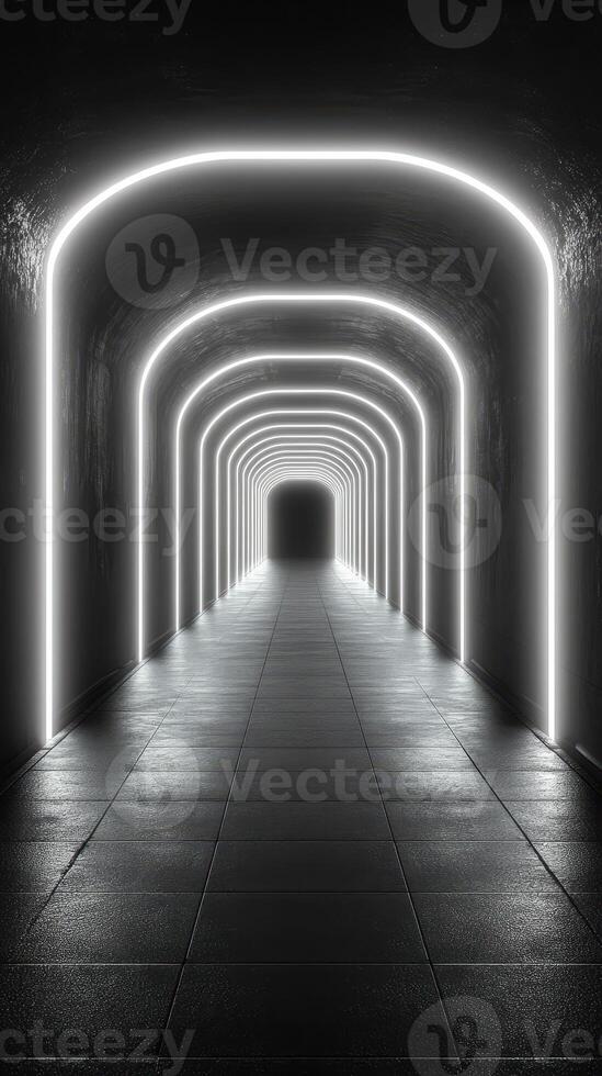 Illuminated tunnel with glowing arches creates a mysterious pathway in dark surroundings photo