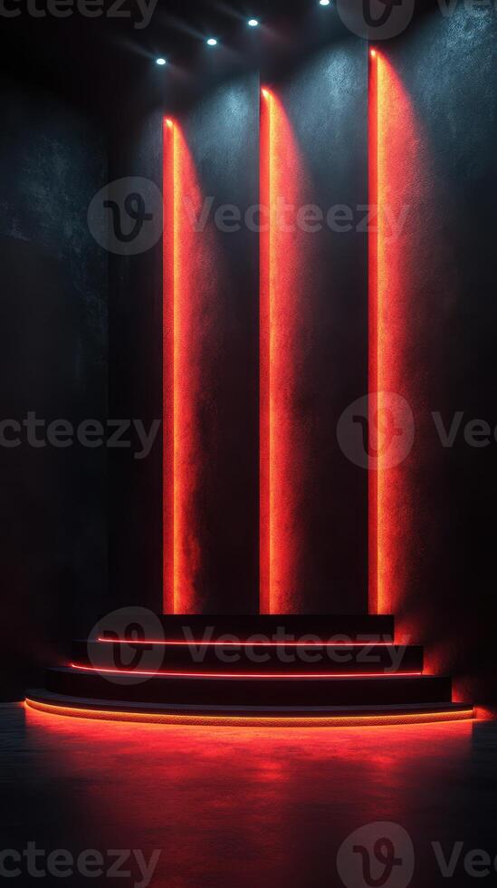 Bright red neon lights illuminate a modern stage set against a dark backdrop for performances photo