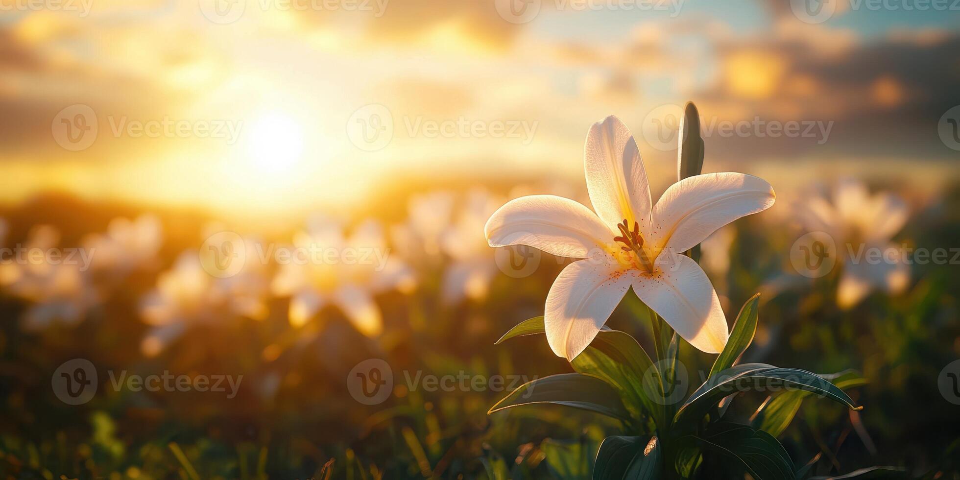 Beautiful white lily blooming beneath a vibrant sunset sky in a serene flower field photo