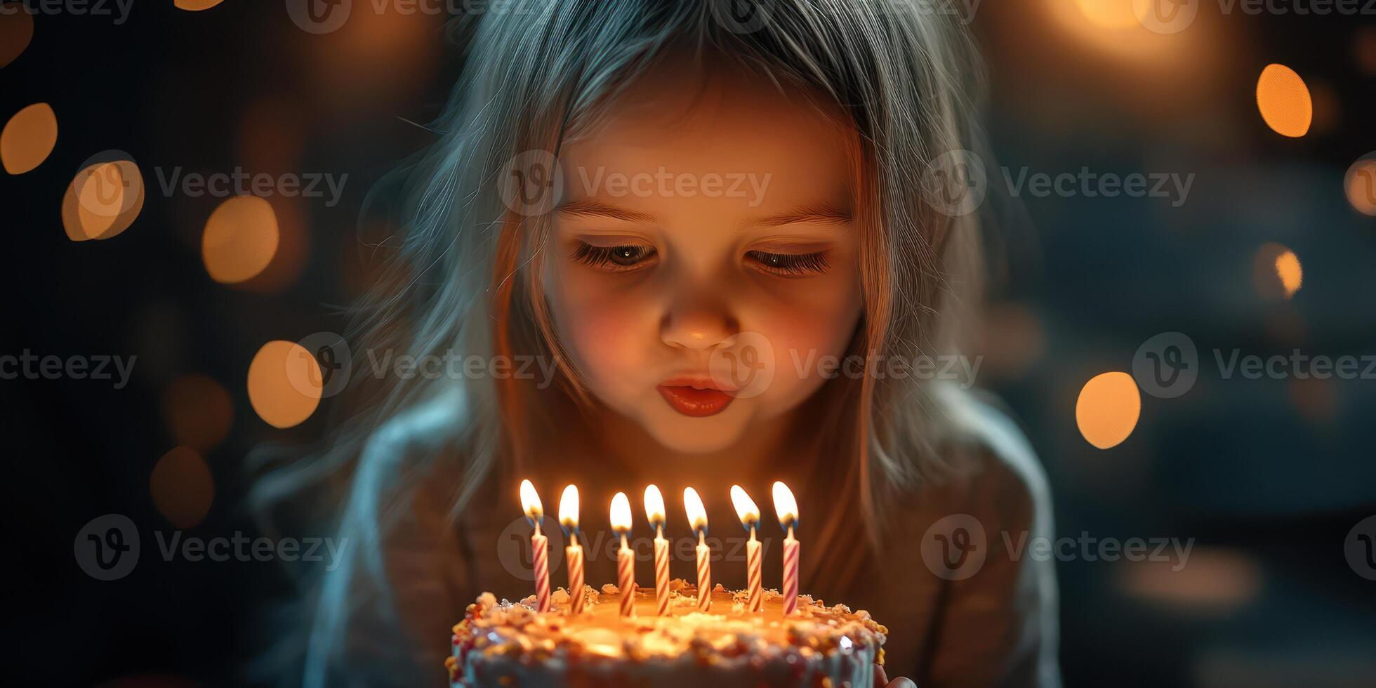 Young girl making a wish while blowing out candles on a birthday cake during a cozy celebration in the evening photo