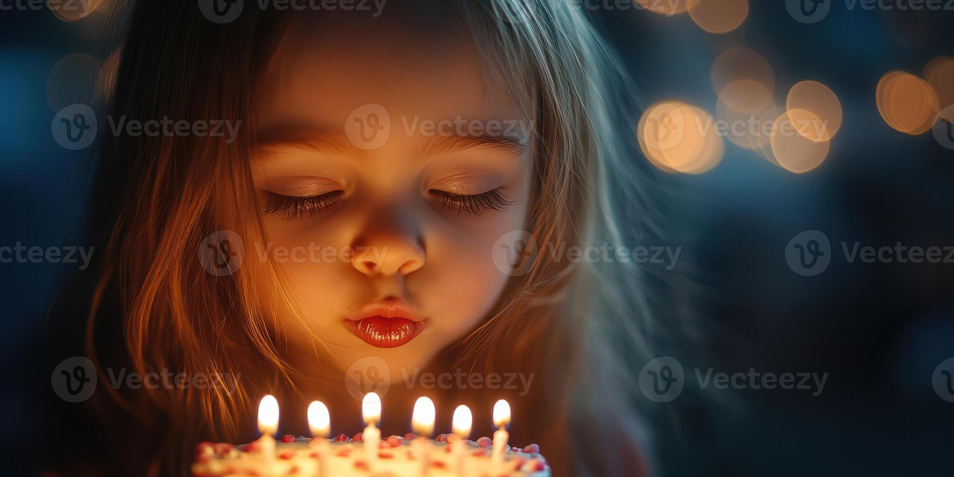 Little girl blowing out birthday candles on a celebratory cake in a cozy atmosphere filled with warm lights photo