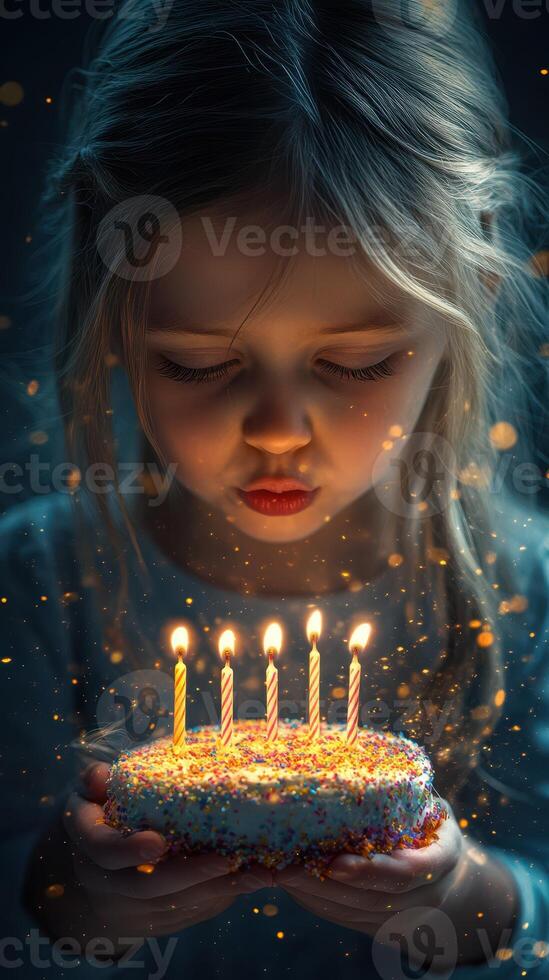 Child celebrating birthday with cake adorned with candles in a dimly lit setting creating a magical atmosphere photo