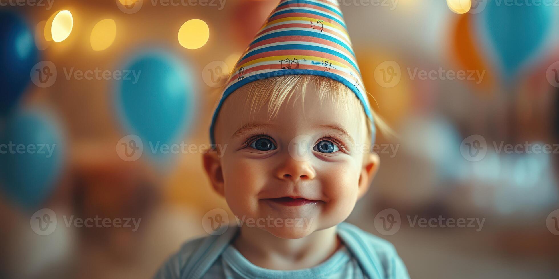 Smiling baby wearing a party hat celebrates at a colorful birthday gathering with balloons and decorations photo