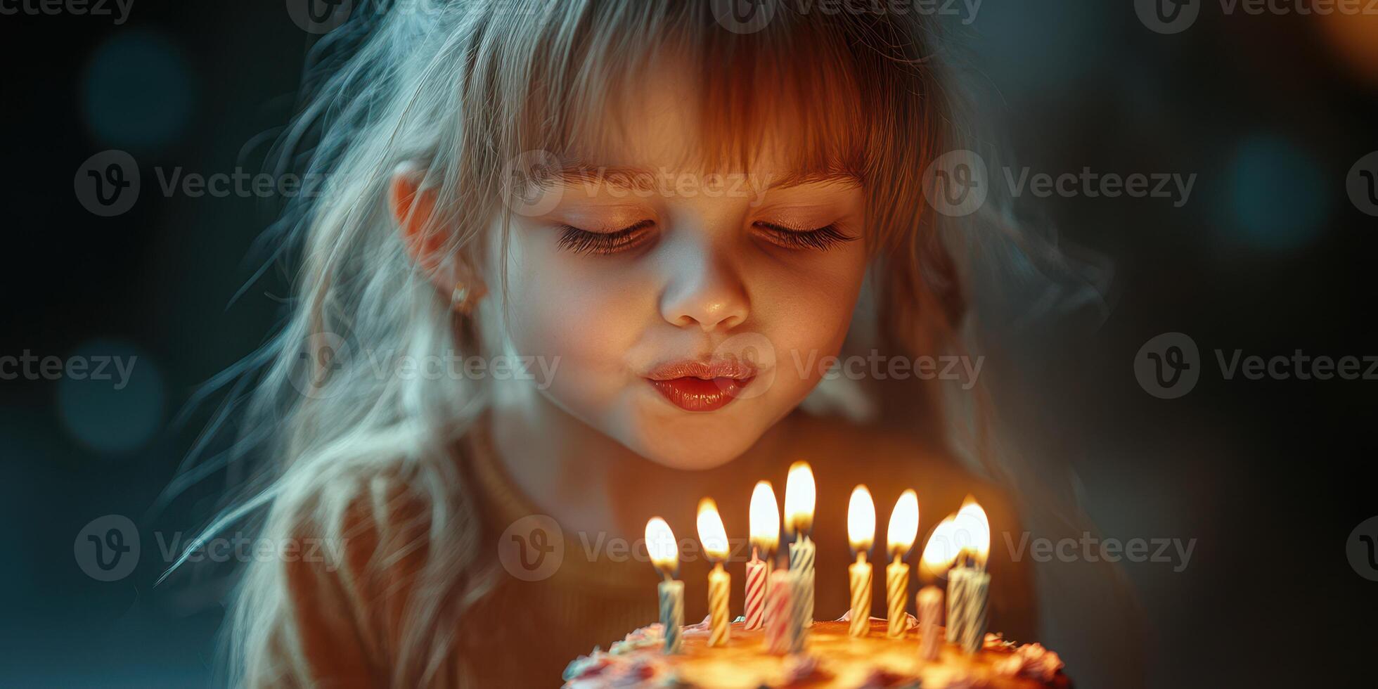 Young girl blows out candles on birthday cake during a joyful celebration in a warmly lit room photo