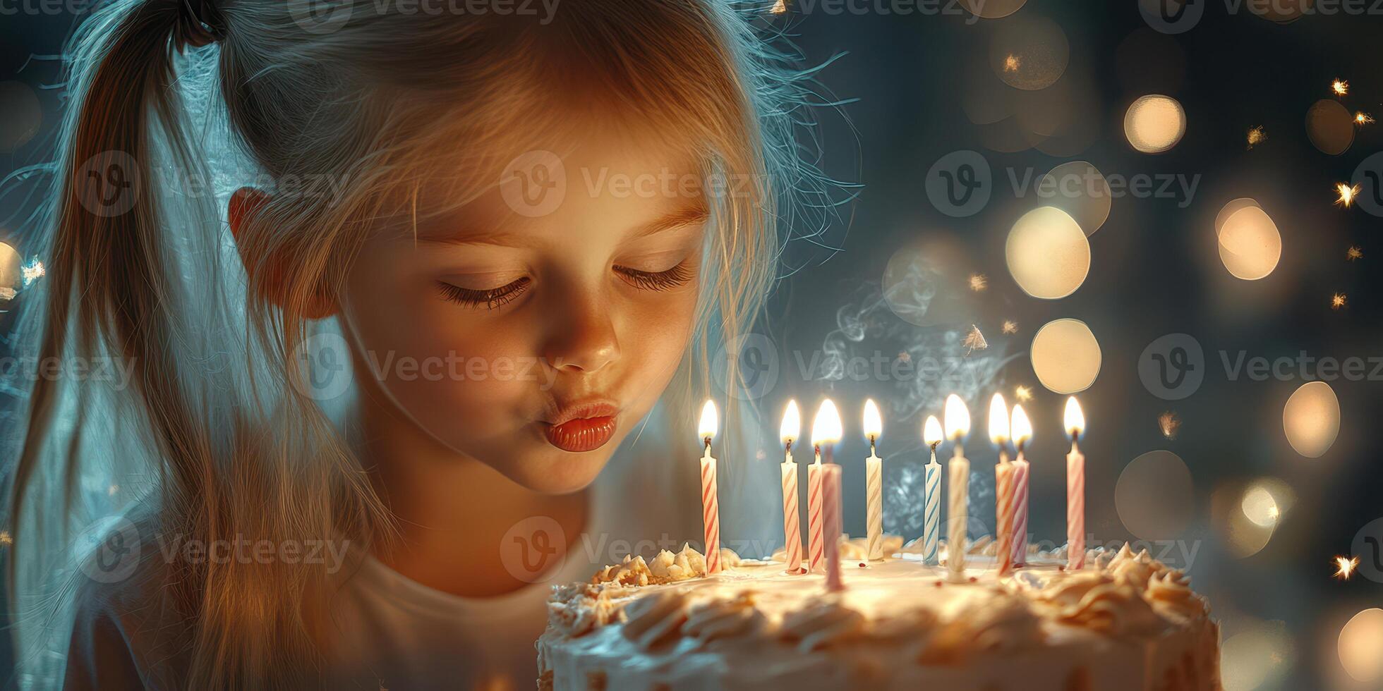 Young girl prepares to blow out birthday candles on a beautifully decorated cake at a joyful celebration in soft, twinkling light photo