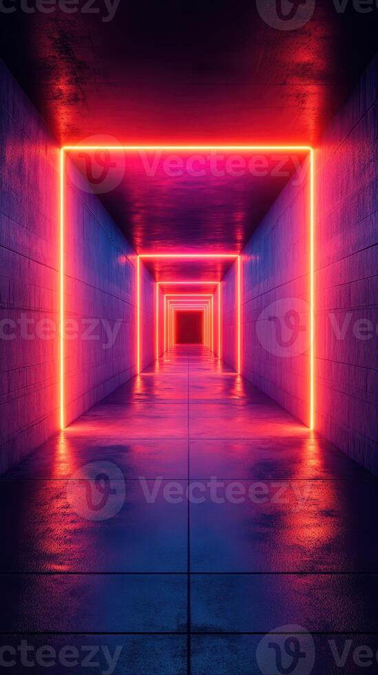 Bright neon tunnel with vibrant glowing lights and reflective floor creating an immersive corridor experience photo