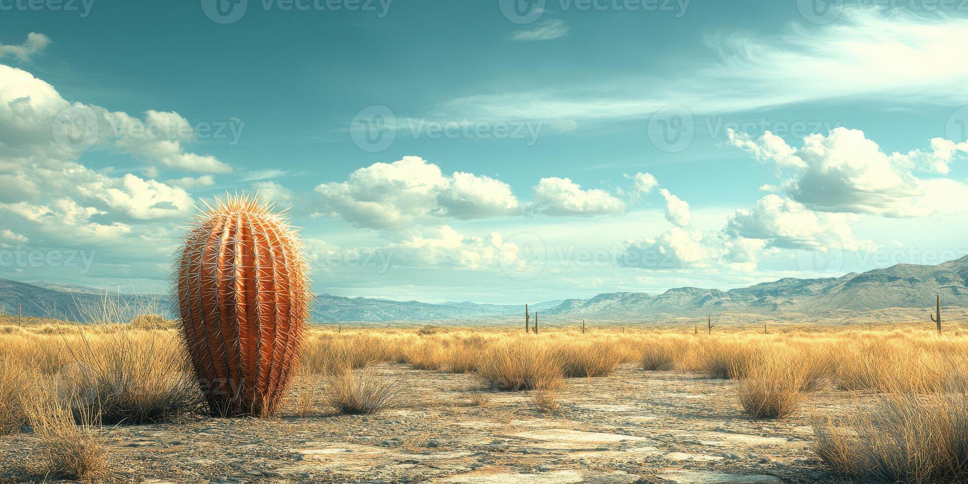 Solitary cactus stands in a vast desert landscape under a bright sky filled with fluffy clouds during the afternoon photo