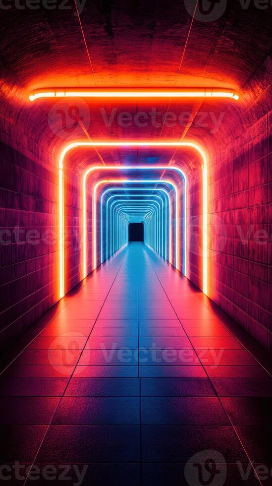Colorful neon light tunnel in an urban setting at night showcasing vibrant illumination and modern architecture photo