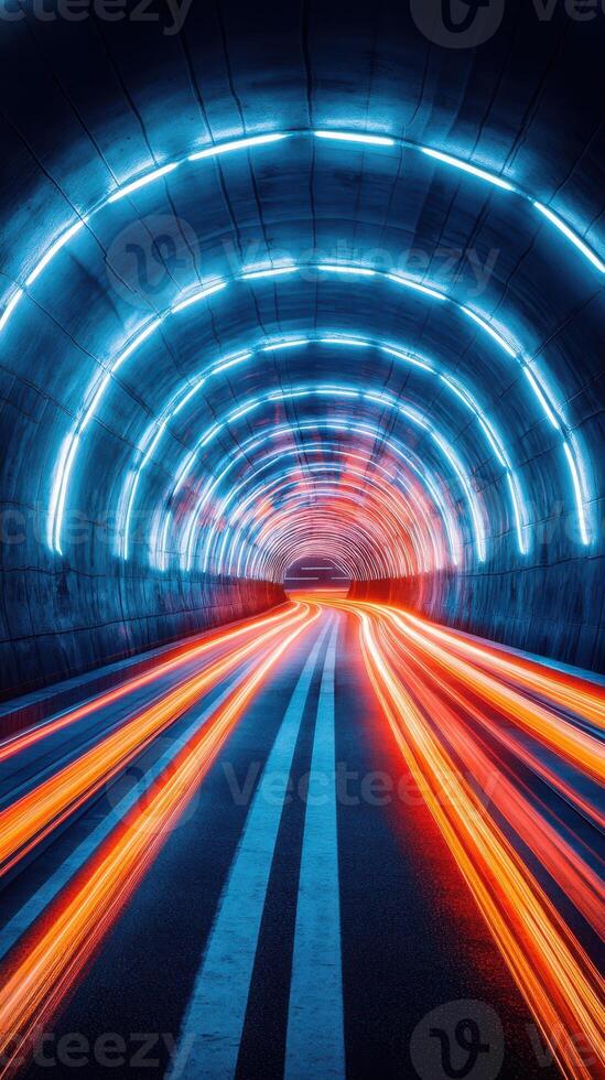 Bright neon lights illuminate a modern tunnel at night with streaks of light from moving vehicles photo