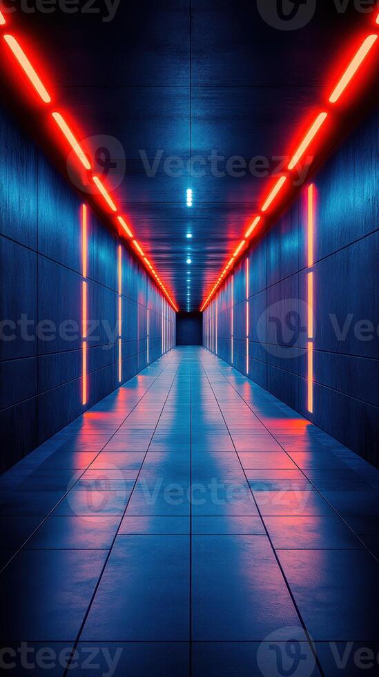 Bright neon lights illuminate a modern hallway with a futuristic design in a dark setting photo