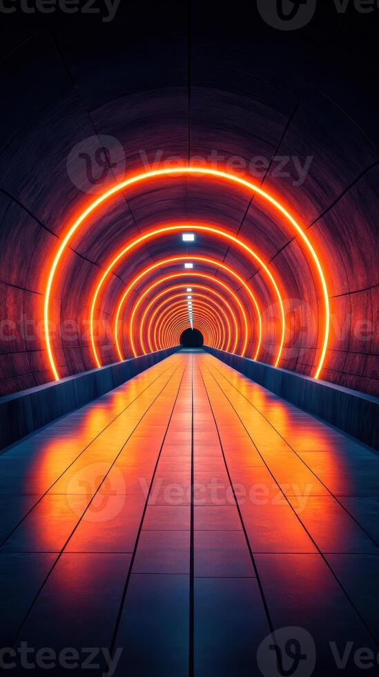 Bright neon tunnel creates a stunning visual effect with vibrant orange lights illuminating the pathway at night photo