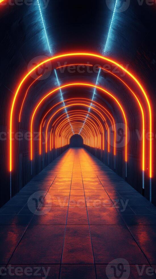 Bright neon lights illuminate an underground tunnel with vibrant colors and reflective tiles at night photo