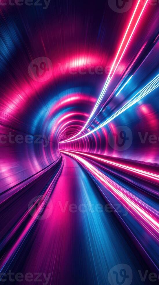 Vibrant neon tunnel with colorful lights creating a surreal sense of motion photo