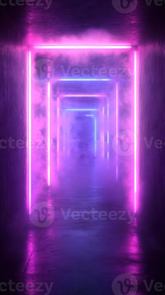 Vibrant neon lights illuminate a misty corridor in a futuristic setting at night photo