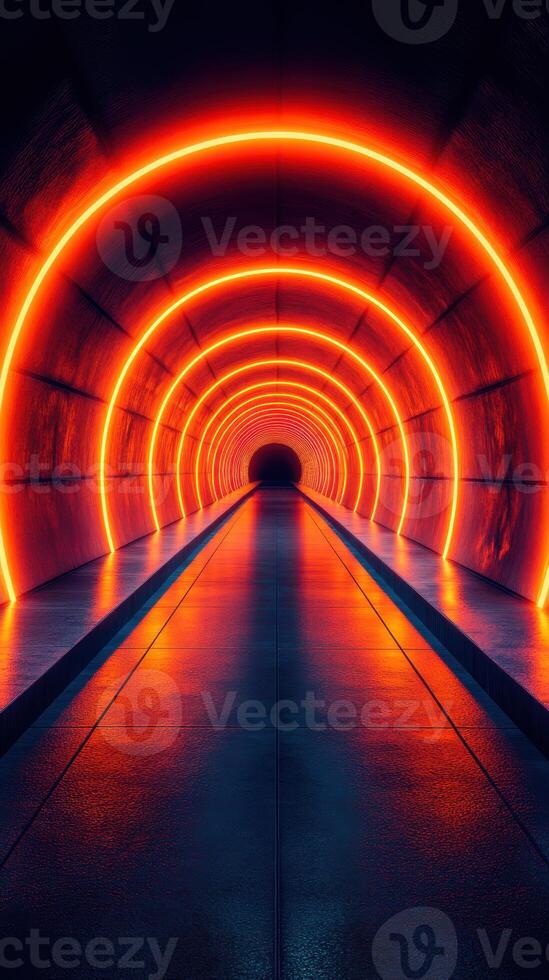 Vibrant neon tunnel illuminated by circular orange lights creates a captivating journey through the dark passageway photo