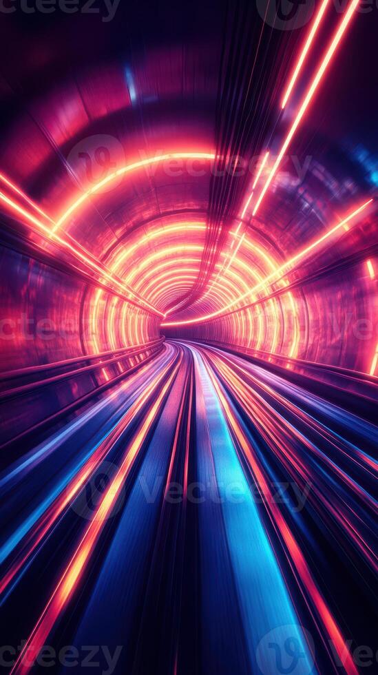 Colorful neon tunnel with light trails reflecting vibrant energy in a futuristic setting photo
